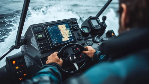 Marine navigator steering powerboat with integrated GPS display.