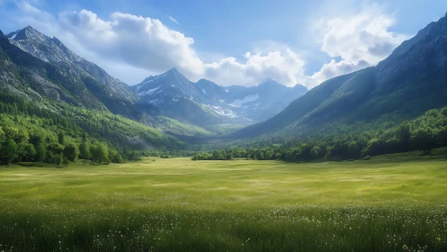 Alpine valley meadow under late spring light between rugged peaks
