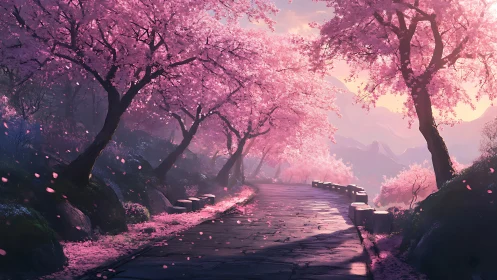 Stone mountain path lined with dense pink cherry trees.