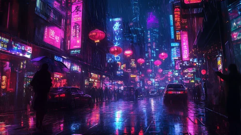 Neon-soaked night avenue with rain, lanterns, and silhouettes.