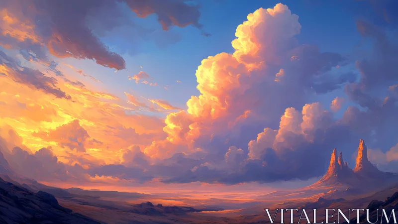 Desert sunset clouds over mesas in vivid digital painting.