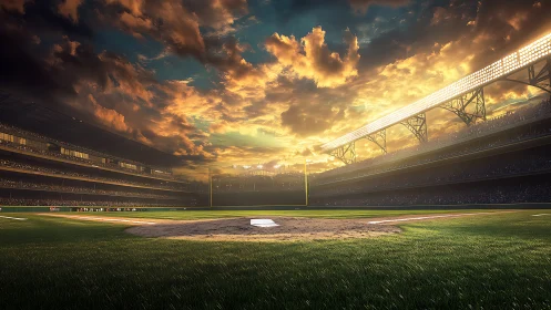 Sunlit baseball diamond under dramatic volumetric cloudscape