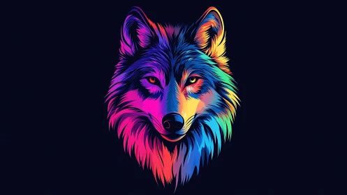 Neon wolf portrait glows with saturated gradient color spectrum.