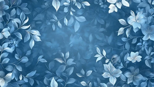 Monochrome blue floral foliage pattern on textured ground.