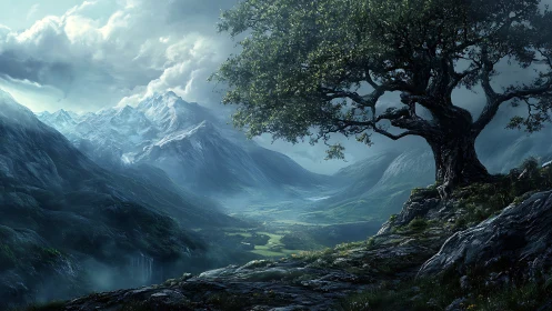 Ancient tree overlooks misty valley under brooding mountains