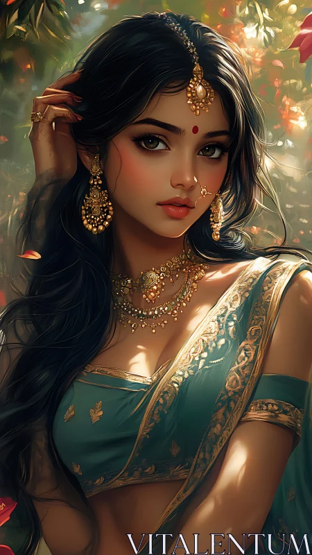 Digital portrait of Indian woman in teal sari with gold jewelry