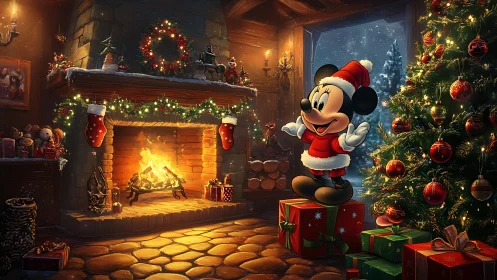 Cozy Christmas hearth with cheerful mouse in Santa suit.