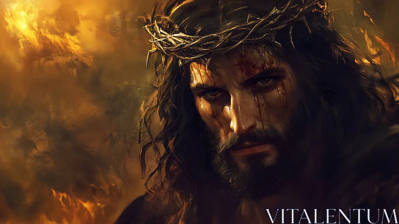 Solemn crowned figure stares through swirling golden light