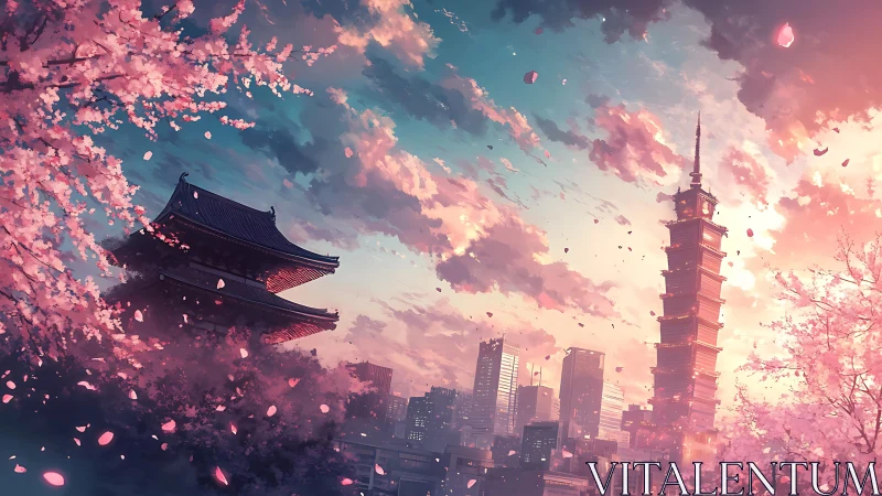 Digital cityscape contrasts pagoda tower with cherry blossoms
