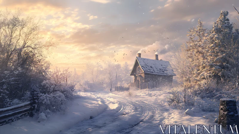 Snow-covered rural cottage beside curved winter roadway.