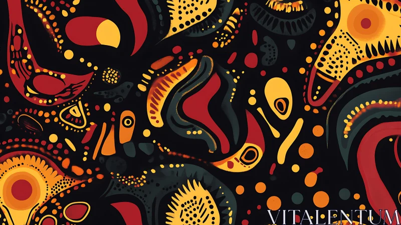 Abstract organic shapes in vibrant red, yellow, and orange tones.
