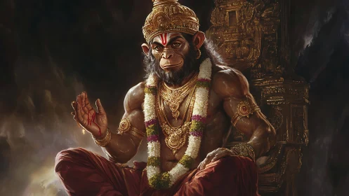 Majestic monkey deity sits in calm, golden spiritual grace