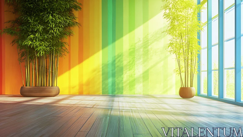 Sunlit bamboo whispers in a striped rainbow studio interior.