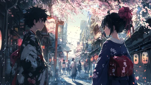 Spring reunion beneath lantern-lit cherry blossoms street.