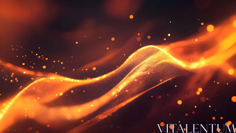Glowing Abstract Orange Wave with Floating Light Particles, Digital Art.