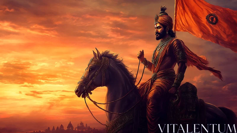 Warrior king rides at sunset, leading a fiery royal march