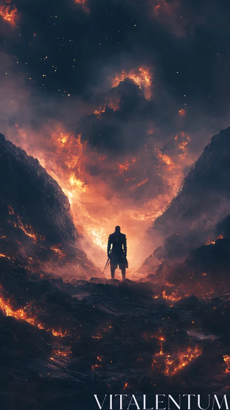 Solitary armored figure stands in volcanic ravine of fire