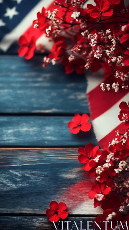 Patriotic Floral Arrangement with American Flag on Rustic Wooden Surface