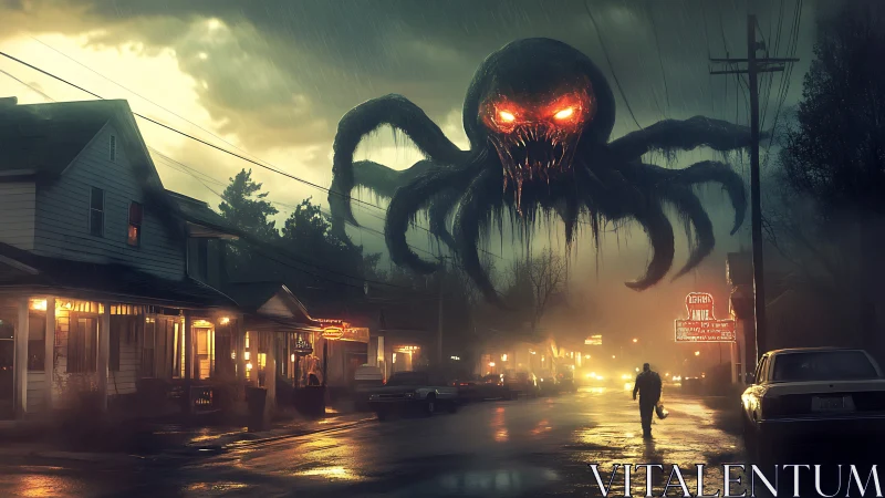Colossal glowing-eyed eldritch entity dominates rainy main street