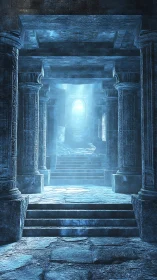 Ancient stone hall opens toward glowing distant doorway