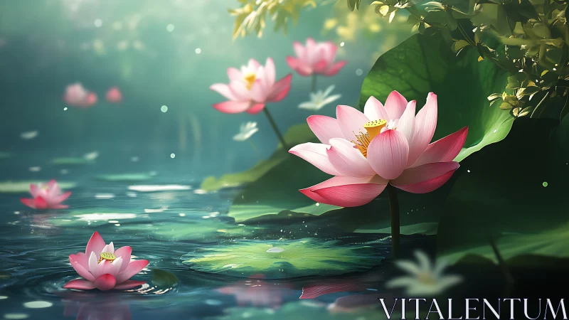 Lotus-lantern lagoon in hush-soft morning light.