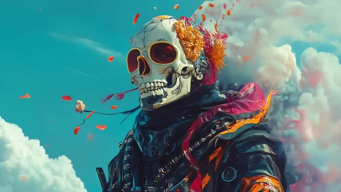 Cybernetic skull nomad with floral plume amid drifting clouds