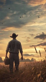 Sun-tired farmer lingers beneath a sky full of wandering birds