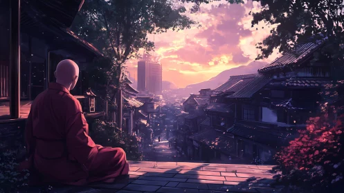 Solitary monk overlooking sunlit traditional hillside street