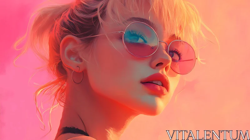 Woman in pink tinted sunglasses looks upward in neon light