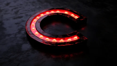 Red illuminated C-shaped light rests on dark reflective surface