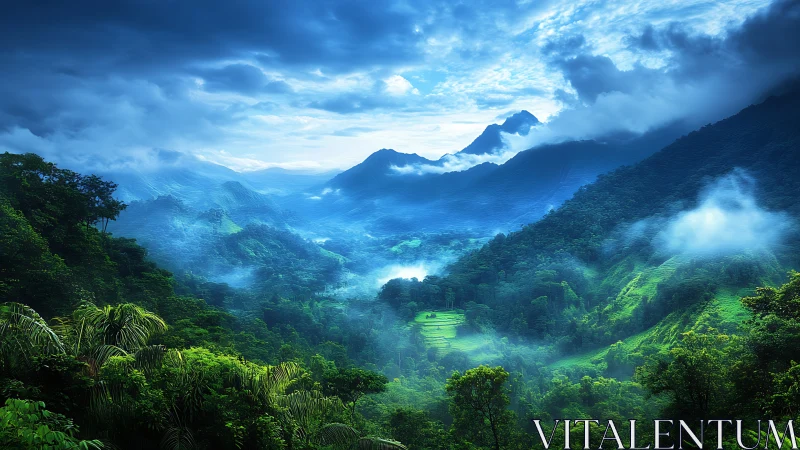 Emerald mountain valley glows beneath stormy blue skies