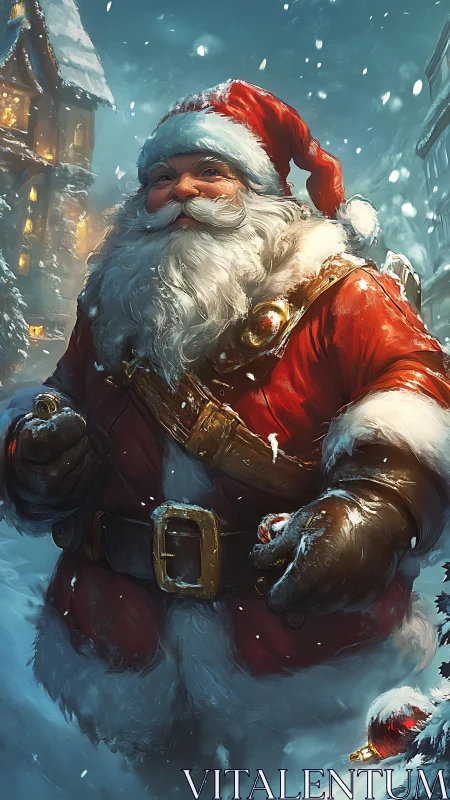 Snow-laden Santa figure in dynamic festive digital rendering.
