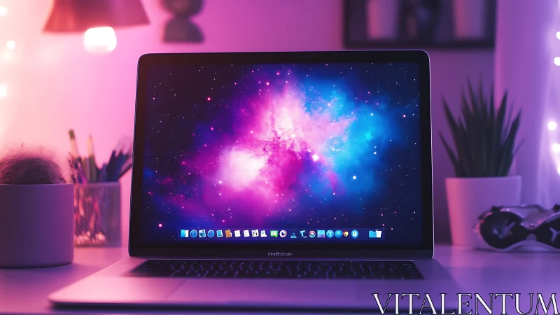 Laptop glows with cosmic nebula wallpaper in neon workspace