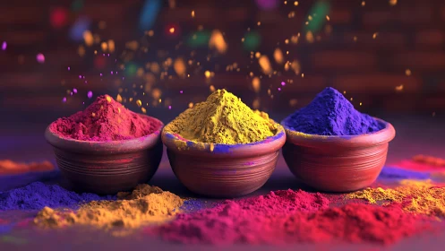 Photorealistic Holi pigment bowls in saturated studio composition.
