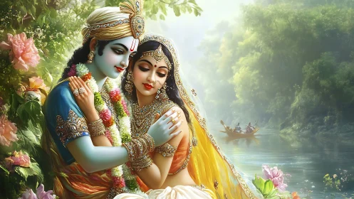 Divine riverbank embrace in jeweled hues of eternal love.