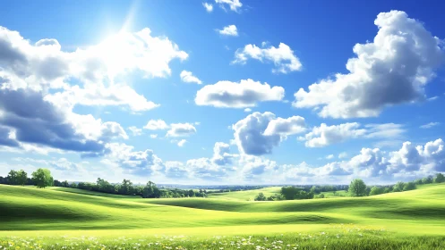 Photorealistic rolling meadow under high summer sky illumination.