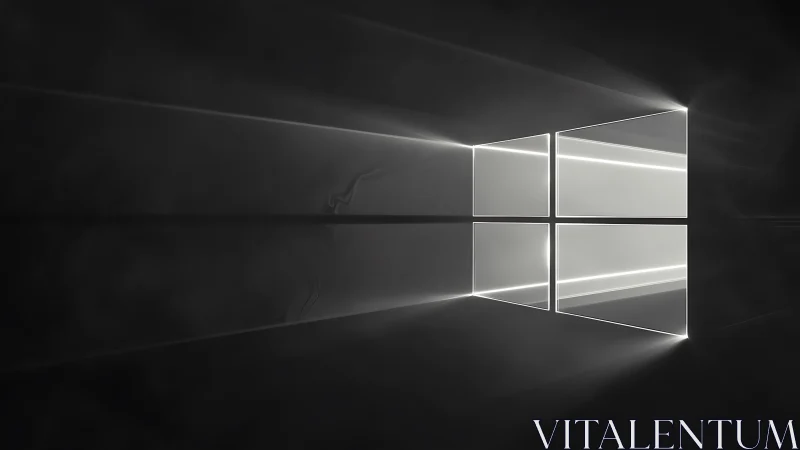 Glowing window-shaped light panels emit beams in dark space