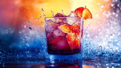 Vibrant Cocktail Splash Against Dynamic Color Gradient. Berry Red Drink.
