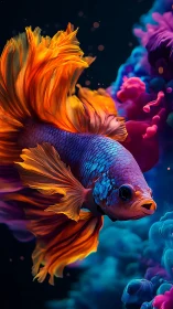 Vibrant betta fish with flowing fins in abstract water.