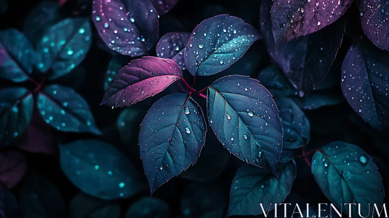 Moody neon leaves shimmer softly under lingering raindrops