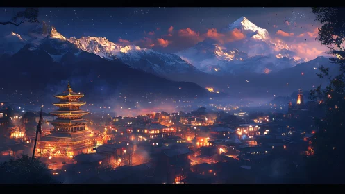 Lantern-lit mountain city humming beneath snowfire peaks.