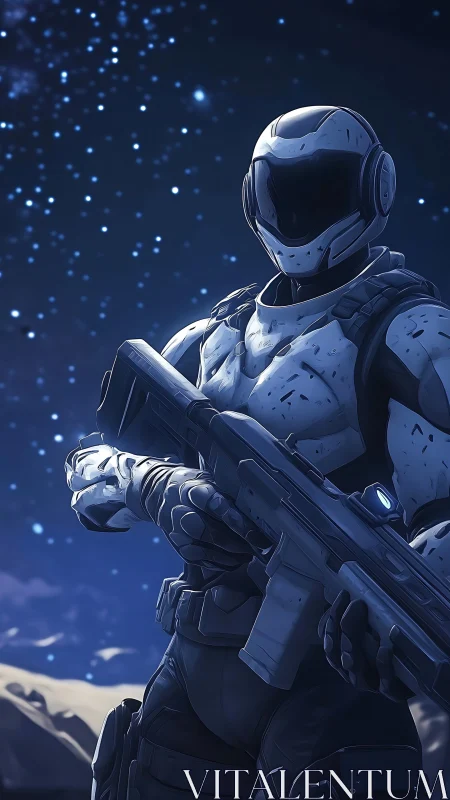 Armored space infantry figure holding rifle under stars.