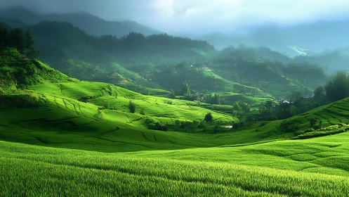 Sunlit green terraces under misty mountain horizon.