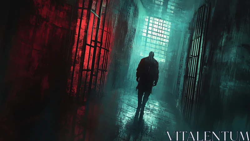 Cyberpunk corridor study with silhouetted prisoner figure.