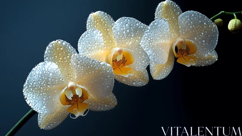 White orchids with water droplets against dark background