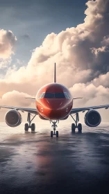 Crimson jet awaits takeoff beneath sculpted stormlit clouds.
