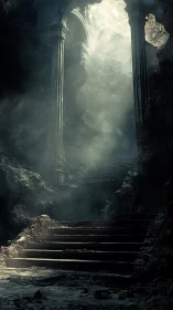 Mysterious stone stairway gently climbs toward distant light
