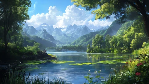 Mountain lake reflects distant snowy peaks and dense forest