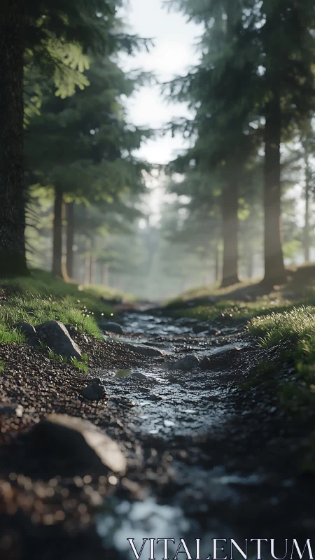 Forest Stream Through Towering Pines.