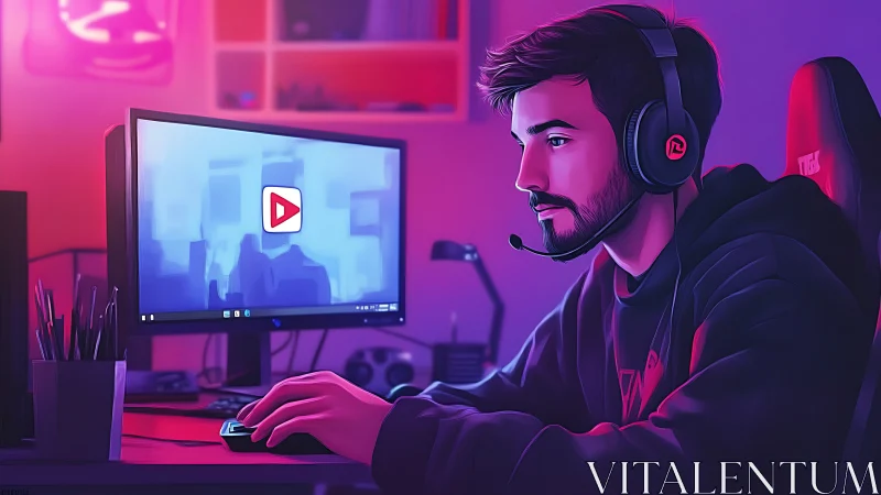 Person using desktop computer with headset in lit workspace